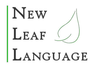 Logo with a thick bright green vertical line on the left side, the words new leaf language stacked against the green line, and a dark green simple outline of a leaf to the right of the text